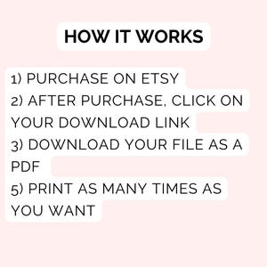 Pu&ograve; includere: Grafica con il testo "COME FUNZIONA" in un rettangolo nero. Sotto, i passaggi numerati spiegano il processo: acquista su Etsy, fai clic sul link per il download, scarica il PDF e stampa.