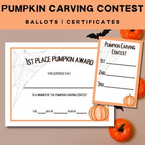 May include: Printable pumpkin carving contest certificate template with a spiderweb design and a pumpkin illustration. The certificate reads "1st Place Pumpkin Award" and includes space to fill in the winner's name, the date, and the year.