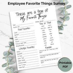 Employee Favorite Things List, Employee Favorites, Team Building Questionnaire, Get to Know Your Staff, All About My Teacher,Get to Know You