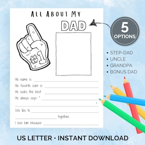 All About My Dad Printable, Step Dad Gift, Meaningful Dad Gift,  Bonus Dad Gift, Fathers Day Preschool Craft, Sunday School Craft