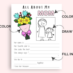 Pu&ograve; includere: Scheda bianca da compilare con la scritta "ALL ABOUT MY MOM". Presenta un disegno di un bouquet con fiori blu, gialli e rossi, e un disegno di una madre e un bambino. La scheda contiene suggerimenti da compilare.