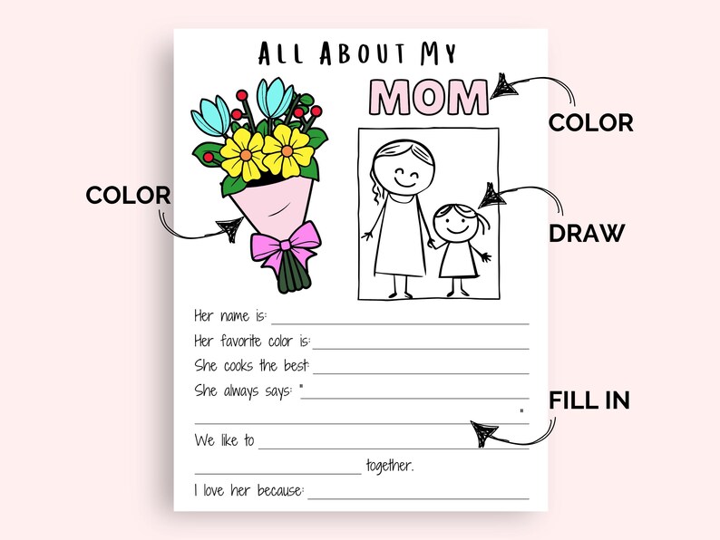 Pu&ograve; includere: Scheda bianca da compilare con la scritta "ALL ABOUT MY MOM". Presenta un disegno di un bouquet con fiori blu, gialli e rossi, e un disegno di una madre e un bambino. La scheda contiene suggerimenti da compilare.