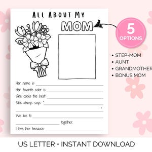 All About My Mom Printable, Bonus Mom Gift, Mothers Day Brunch Activity, Mothers Day Preschool Craft, Sunday School Craft, Gift from Child