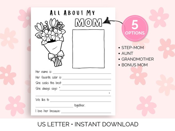 All About My Mom Printable, Bonus Mom Gift, Mothers Day Brunch Activity, Mothers Day Preschool Craft, Sunday School Craft, Gift from Child