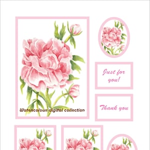 Peony Card: Watercolor Printable for Scrapbooking (Digital Download)