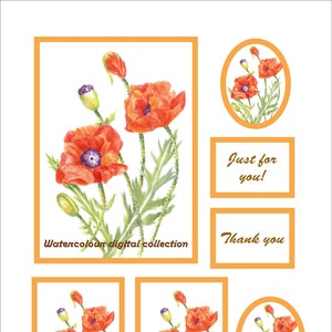 Carte numérique Coquelicots. Imprimable. Papier artisanal, Carte de voeux florale, Carte postale, ATC, Éphémères, Journal indésirable, Collage, Scrapbooking, Serviettage