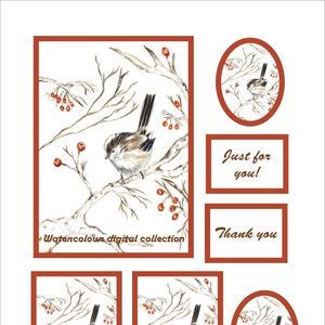 Carte Oiseau. Carte numérique TIT à longue traîne. Imprimable. Papier artisanal, carte de voeux, carte postale, ATC. Noël, Junk Journal, Collage, Scrapbooking