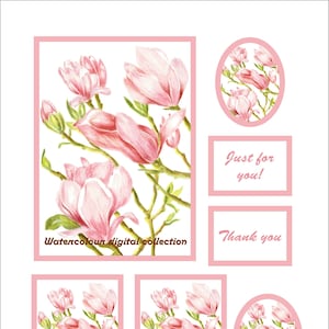 MAGNOLIA Digitale Karte. Druckbare Download. Frühling, Geschenkanhänger, ATC, Postkarte, Digitale Collage Sheet, Frühlingsblume, Shabby Chic Junk Journal