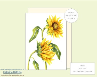 Carte de voeux florale, TOURNESOL, imprimable, aquarelle, numérique, carte de fleurs, modèle de carte, carte de correspondance, enveloppe, carte de voeux vierge, kit