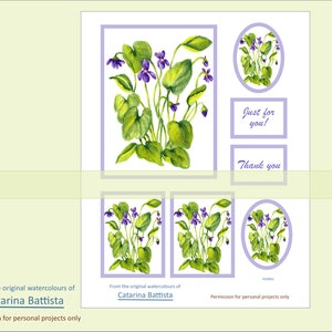 Cartão VIOLETS. Papel para artesanato botânico digital. Folha para impressão e download para etiqueta de presente, ATC, cartão postal, decoração de diário, colagem, decoupage.