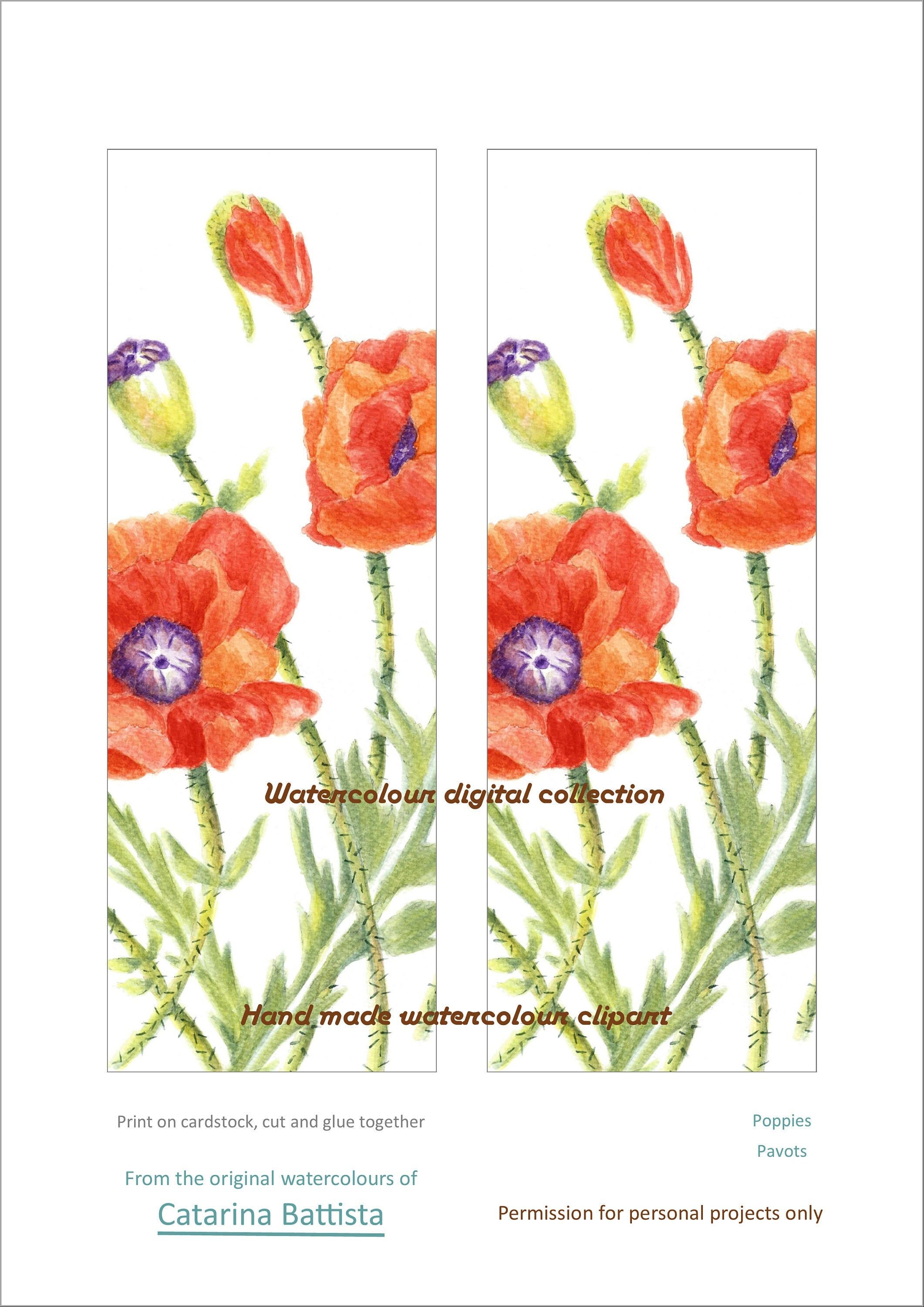 POPPIES DIGITAL BOOKMARK. Digital Paper. Printable, Craft Paper ...