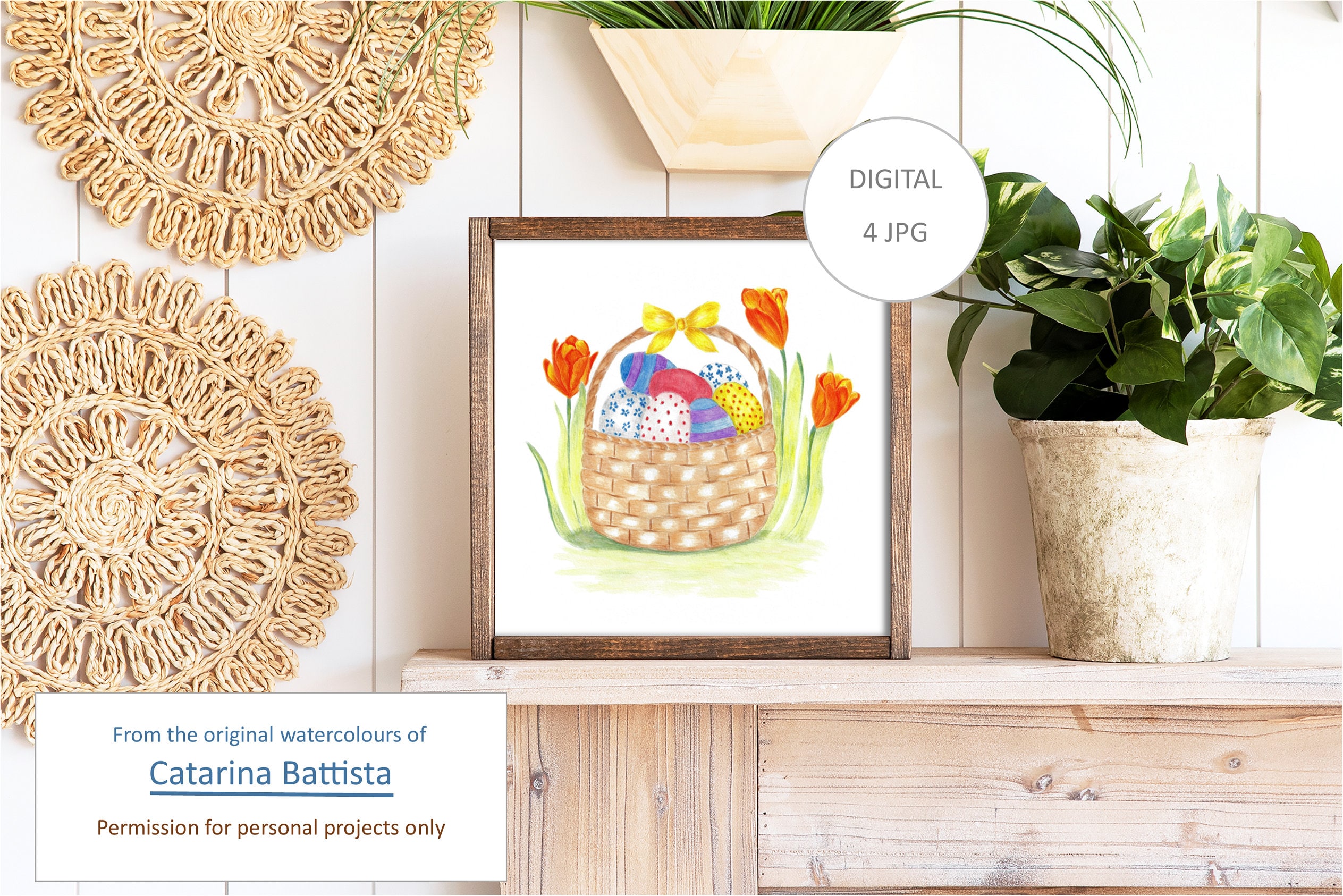 Easter Print, Easter Basket Wall Art Print, Easter Eggs With Flowers