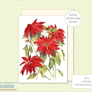 CARTE DE NOL, POINSETTIA, imprimable, carte de Noël numérique, carte de Noël aquarelle, carte de correspondance, enveloppe, carte de voeux vierge, kit