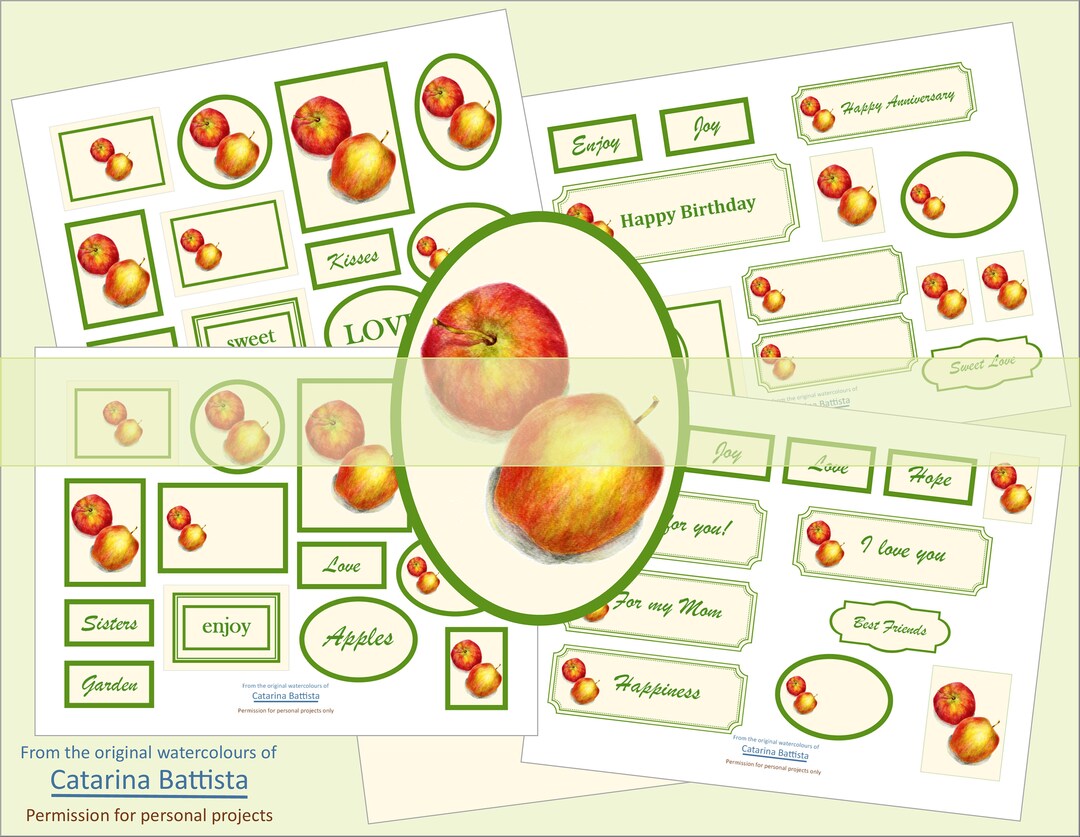 Apple Watercolor Labels: Mini Cards, Tags, Stickers, Junk Journal ...