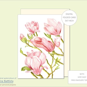 Biglietto d'auguri floreale, MAGNOLIA, stampabile, acquerello, digitale, biglietto floreale, modello di biglietto, biglietto di auguri, busta, biglietto d'auguri vuoto, kit