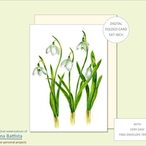 Perce-neige. Carte de voeux aquarelle florale, Imprimable, numérique, Carte fleurie, Modèle de carte, Carte de correspondance, Enveloppe, Carte de voeux vierge, Kit