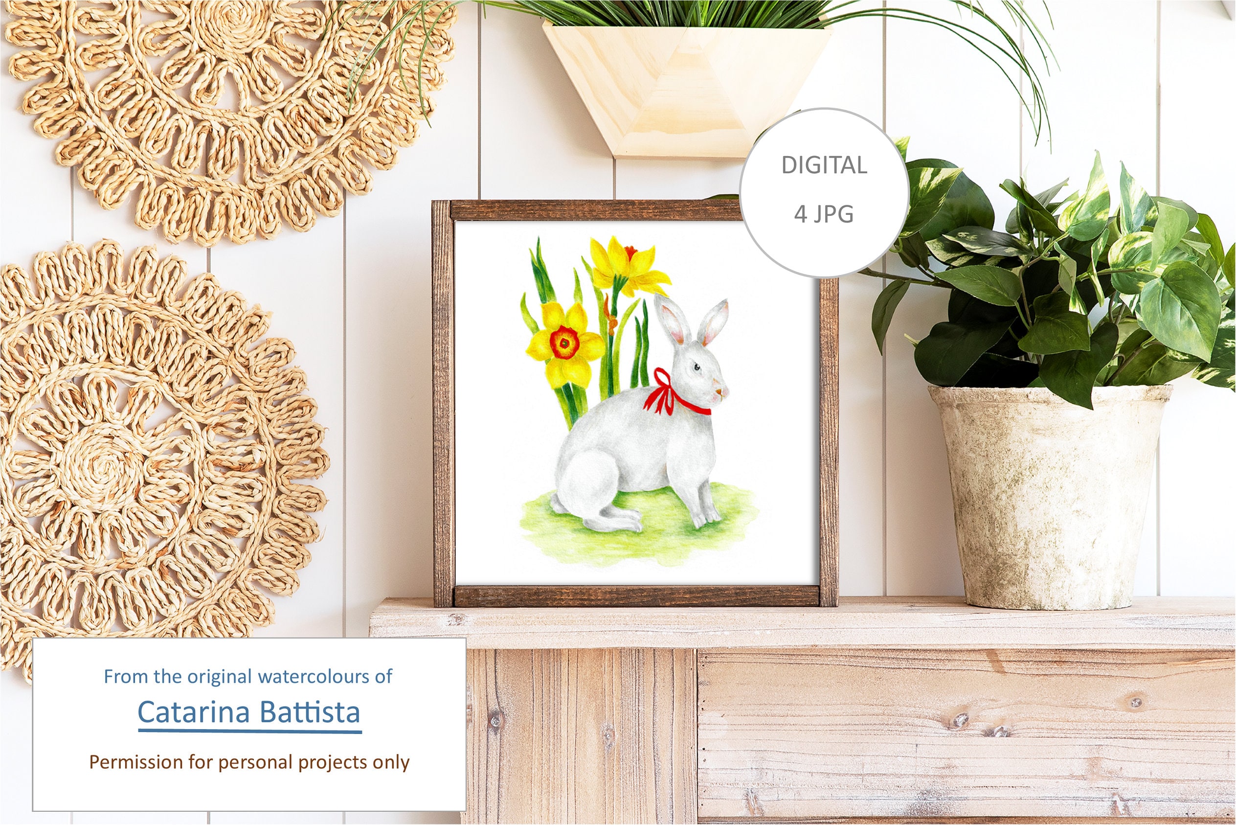 Easter Print, Spring Bunny and Daffodils Wall Art, Spring Floral Decor ...