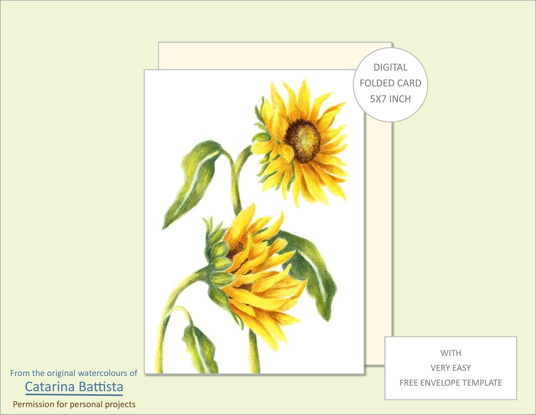 Floral Greeting Card, SUNFLOWER, Printable, Watercolor, Digital, Flower ...