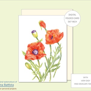 Carte de voeux florale, coquelicot, carte florale numérique aquarelle imprimable, modèle de carte, carte de correspondance avec enveloppe, carte de voeux vierge, kit de cartes