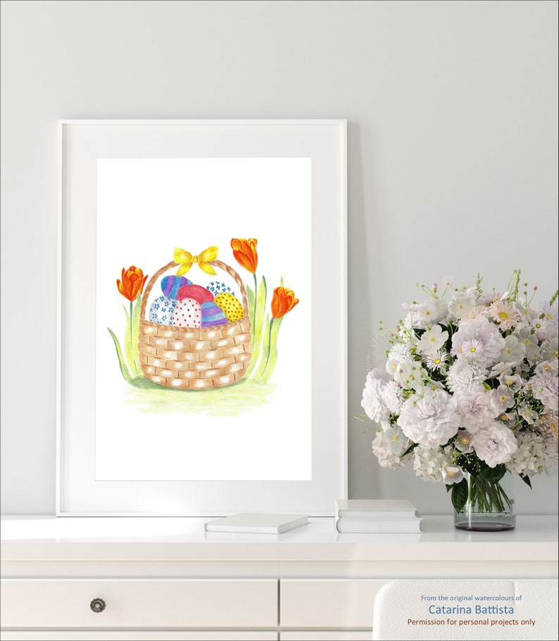 Easter Print, Easter Basket Wall Art Print, Easter Eggs With Flowers
