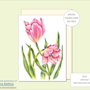 Floral Greeting Card, TULIPS, Printable, Watercolor, Digital, Flower Card, Card Template, Note Card, Envelope, Blank Greeting Card, Card Kit