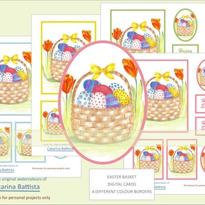 Éphémères de Pâques, panier de Pâques, oeufs de Pâques avec des fleurs, image aquarelle imprimable pour carte, carte postale, étiquettes, ATC, journalisation, scrapbooking