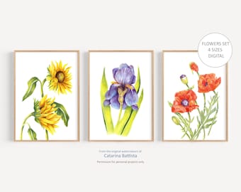 Flower Print, Set Of 3 Floral Prints, Watercolor Print, Flower Art, Downloadable Prints, Sunflower, Iris, Poppy, Floral Art Instant Download