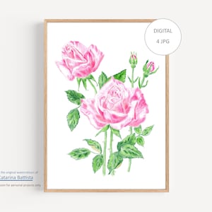 Stampa artistica da parete con rose rosa, stampa acquerello di rose, fiori, dipinto di rose, stampa artistica floreale, stampa botanica, decorazione da parete per cameretta delle bambine