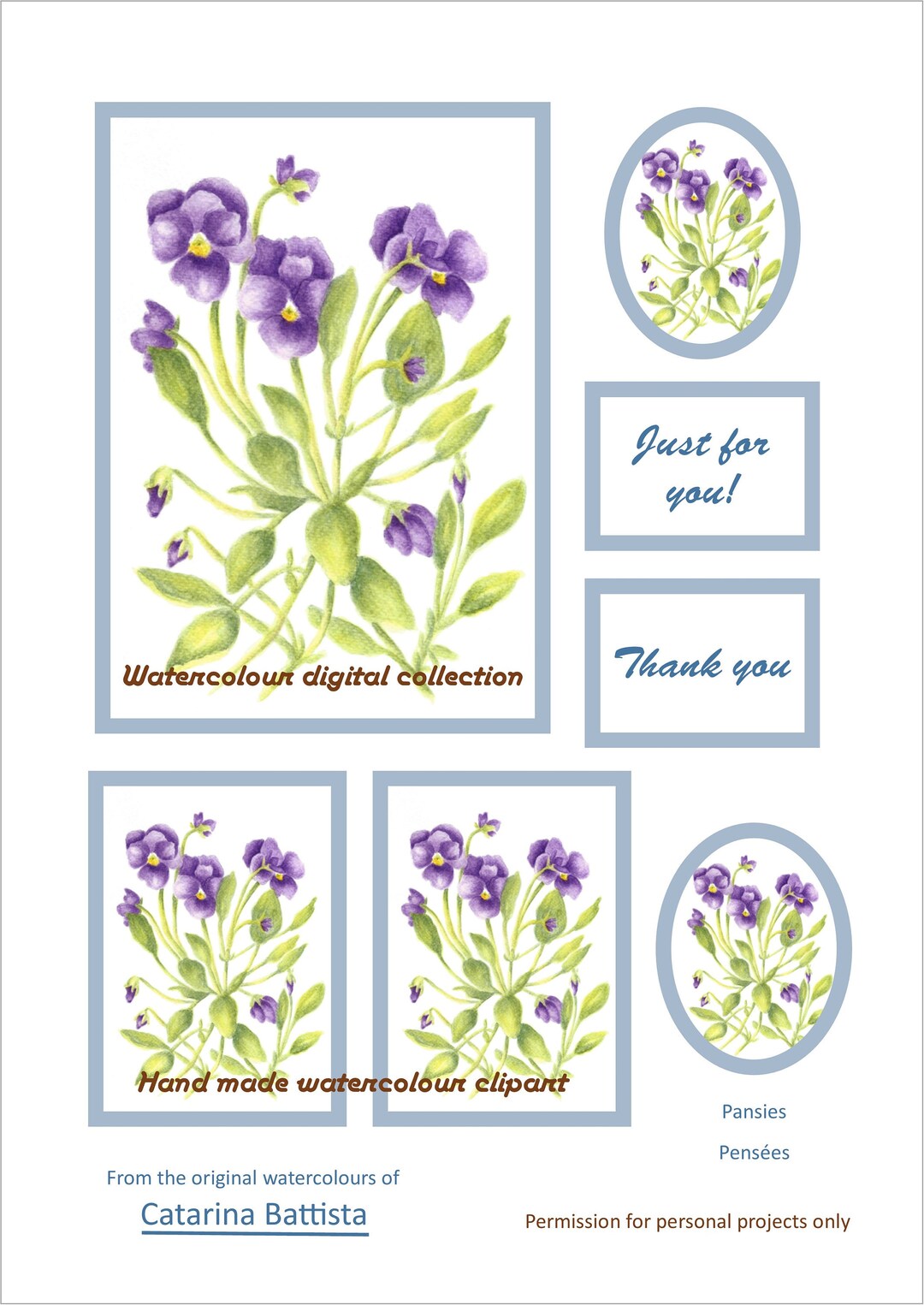 Pansies Digital Card. Printable Flower, Craft Paper for Greeting Card ...