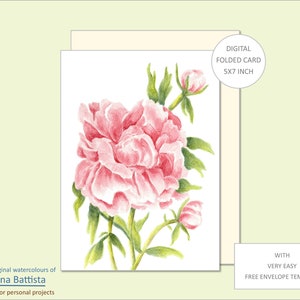 Cartão de felicitações floral, peônia, para impressão, aquarela, digital, cartão de flores, modelo de cartão, cartão de anotações, envelope, cartão de felicitações em branco, kit de cartões