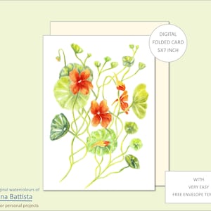 Carte de voeux florale, CAPUCINE, imprimable, aquarelle, numérique, carte de fleurs, modèle de carte, carte de correspondance, enveloppe, carte de voeux vierge, kit