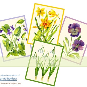 CARTOLINE DI FIORI DI PRIMAVERA. Scarica stampabile. Etichetta botanica, foglio di collage digitale, carta artigianale per decoupage shabby chic, effimeri del diario spazzatura