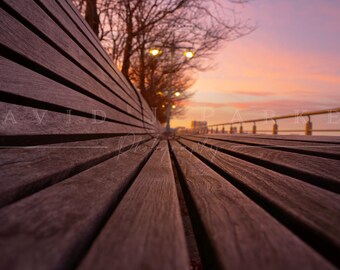NYC Sunset Photography Print: Hudson River Bench, Manhattan Skyline