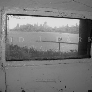 Seeing San Francisco via View from Alcatraz cell, Black and White, Prison, Fine Art Photography Prints for Home, Office, Business, Gift