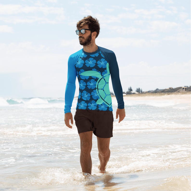 Turtle Rash Guard Turquoise Turtle Rash Guard Shirt – Blue Hawaiian Flowers N Leaves ...