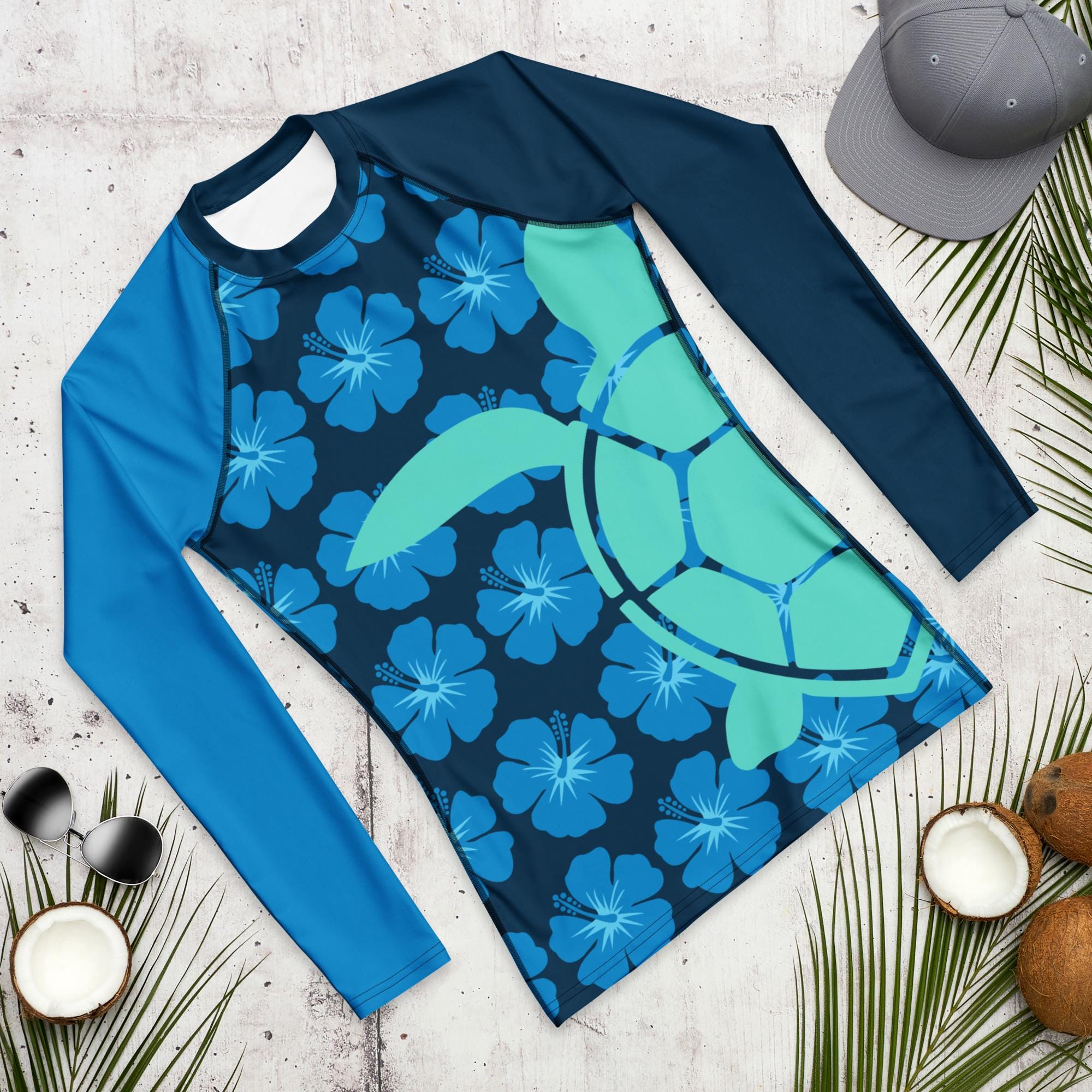Turtle Rash Guard Turquoise Turtle Rash Guard Shirt – Blue Hawaiian Flowers N Leaves ...