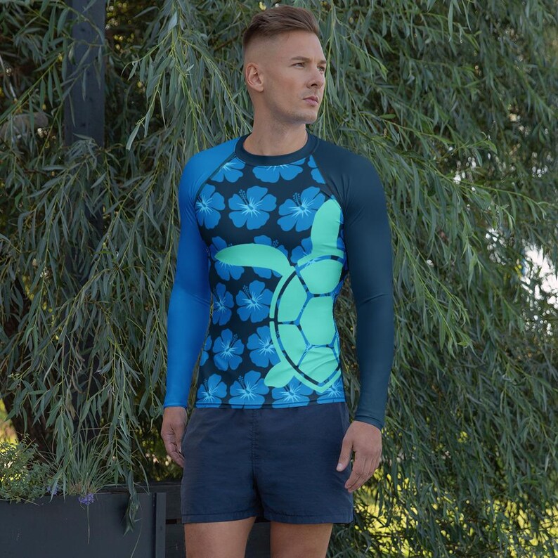 Turtle Rash Guard Turquoise Turtle Rash Guard Shirt – Blue Hawaiian Flowers N Leaves ...