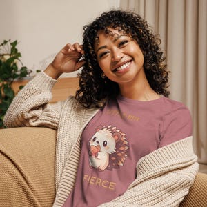 Little But Fierce Shirt – Cute Hedgehog Holding Leaves Tee – Adorable N Bold Animal Design for Nature Lovers & Fierce Souls