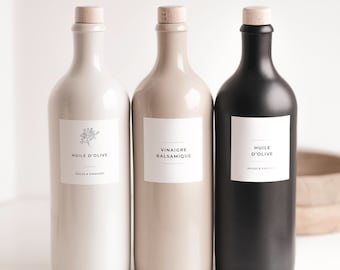 Bouteille huile ou vinaigre en grès  - 750ml, bouteille pour huile I vinaigre I céramique bouchon bois I étiquette personnalisée waterproof