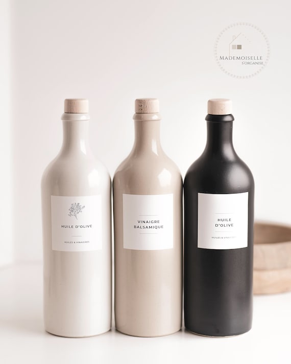 Bouteille huile ou vinaigre en grès  - 750ml, bouteille pour huile I vinaigre I céramique bouchon bois I étiquette personnalisée waterproof