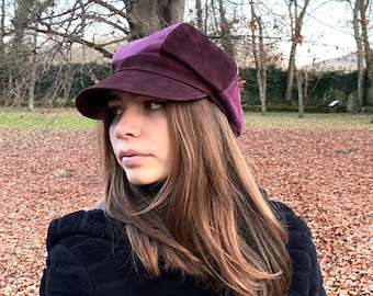 Leather Newsboy Hat, Suede Leather Purple Cap, Woman Leather  display picture 3