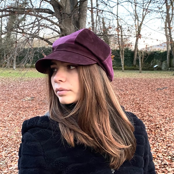 Leather newsboy hat, suede leather purple cap, woman leather purple hat, purple leather baker boy hat, newsboy suede leather hat, gatsby hat