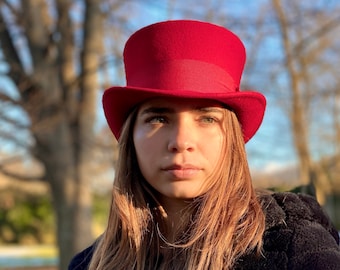 Red top hat, men top hat, women top hat, victorian red top hat, red felt women hat, 1900s top hat, custom felt hat, handmade felt hats