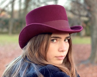 Burgundy Felt Hat Pork Pie Top Hat 