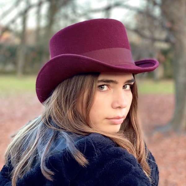 Chapeau haut de forme en feutre Pork Pie - Chapeau haut de forme bordeaux - Chapeaux élégants de style victorien pour hommes et femmes