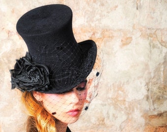 Mini top hat  mourning veil, glamorous mini top hat with black veil and flower, black derby mini top headpiece, black felt fascinator