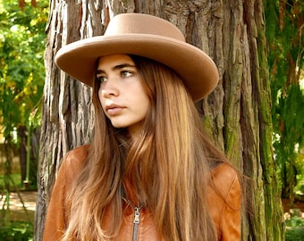 Gambler Cowboy Hat, Telescope Hat, Camel Fedora Hat, Woman