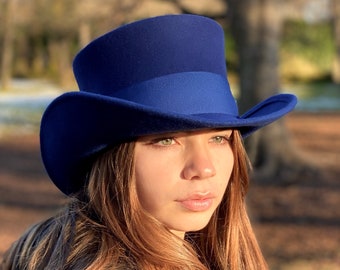 Blue Western Top Hat, Top Hat, blue Top Hat, western blue felt top hat, Top hat wide brim, oversized Top Hat, Top hat blue