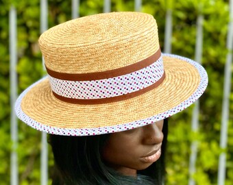 Women's straw hat, boater straw hat, summer straw boater hat, canotier straw hat, natural straw boater hat, handmade straw hat, straw boater