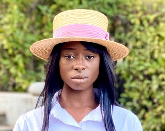 Straw Boater hat with Velvet Ribbon - Elegant Canotier Hat for Summer Beach days